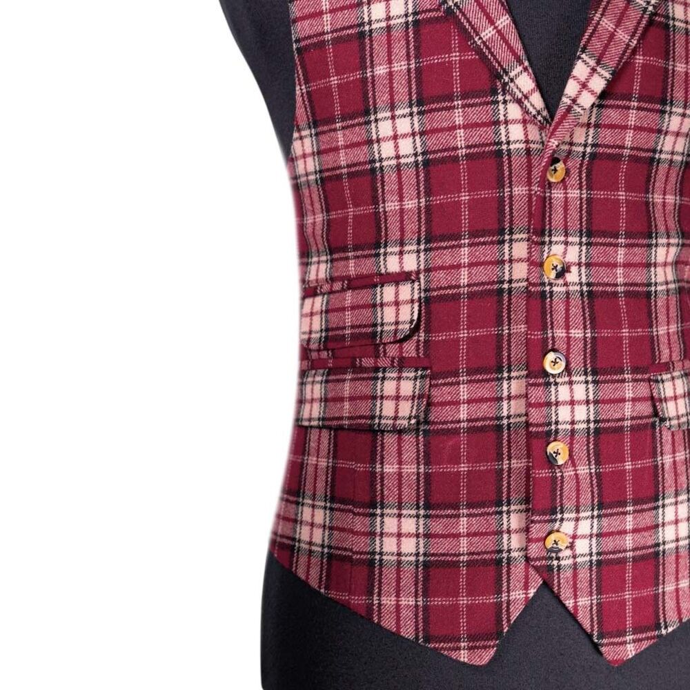 Mens 42R Wool Vest Burgundy Cream Plaid Waistcoat Classic Formal Wedding Party - Picture 7 of 10